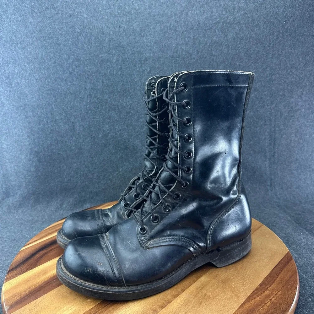 Vtg Black Leather Military Paratrooper Combat Jump Boots Cap Toe USA Made 10R
